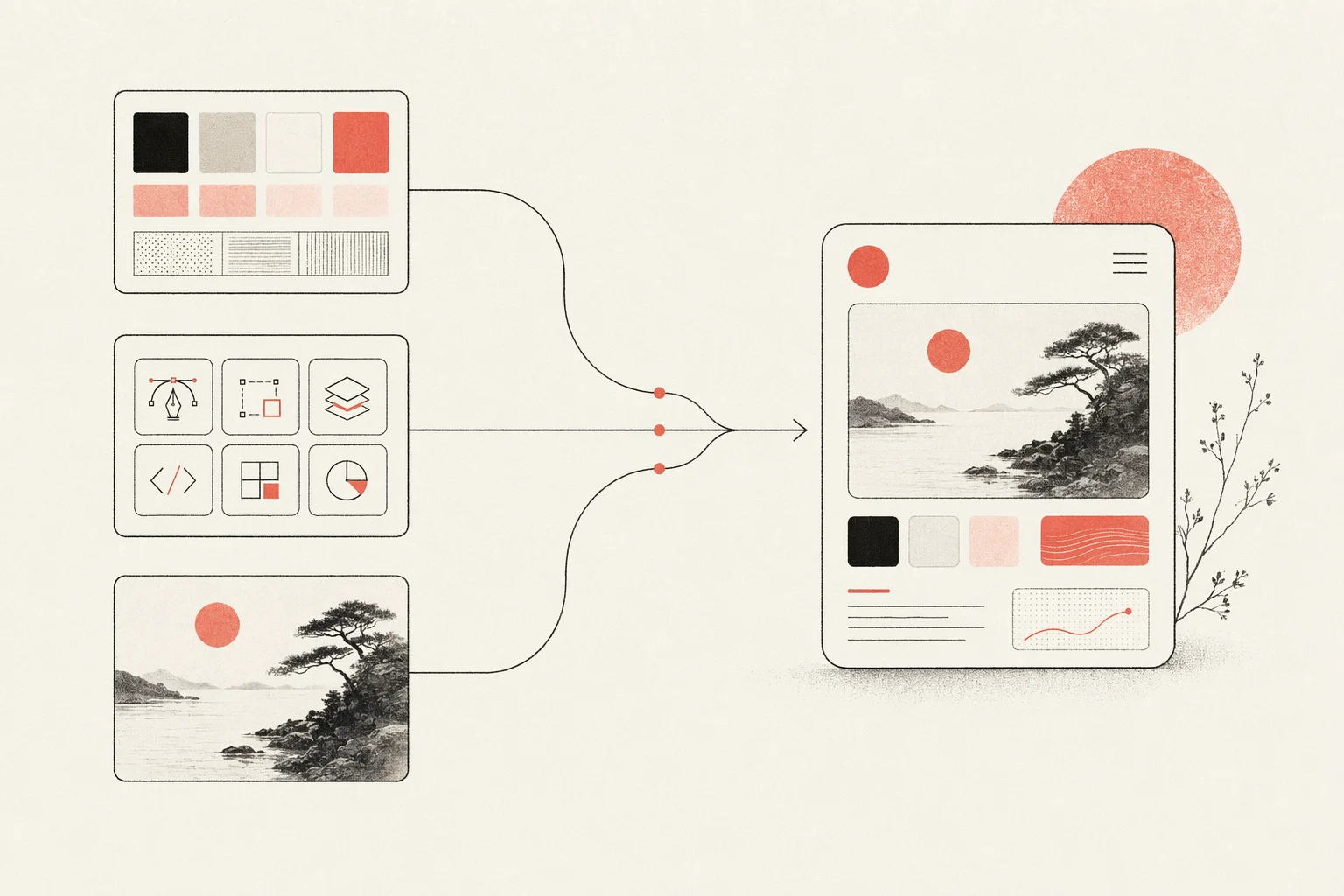 示意图展示设计系统、skill 与参考图汇聚成优质的设计产出
