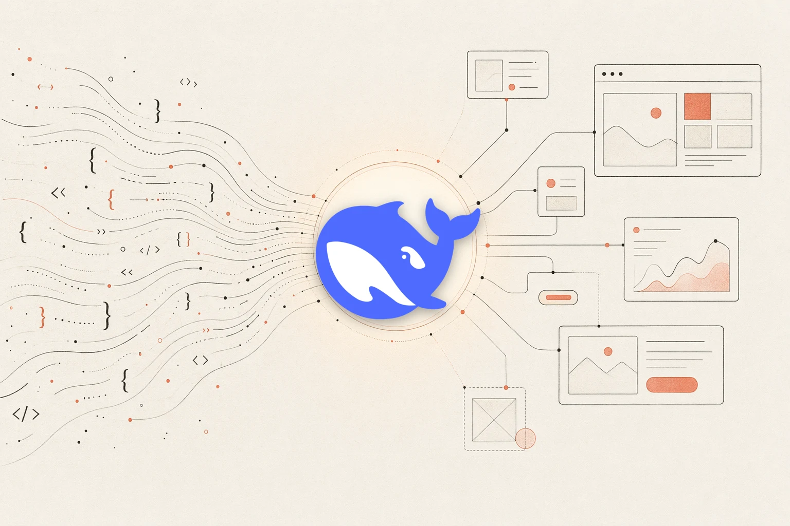 DeepSeek Reasonix 设计反馈循环：一个终端代理读取设计参考、一个浏览器渲染 UI、一个工作区，以及一个回环的反馈箭头