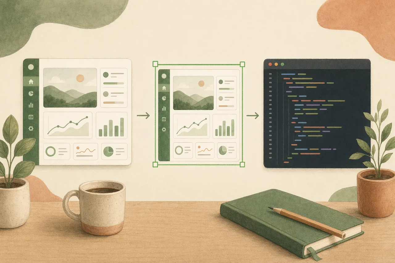 编辑插画：一份设计变成干净的生产代码，被一个绿色选框框住