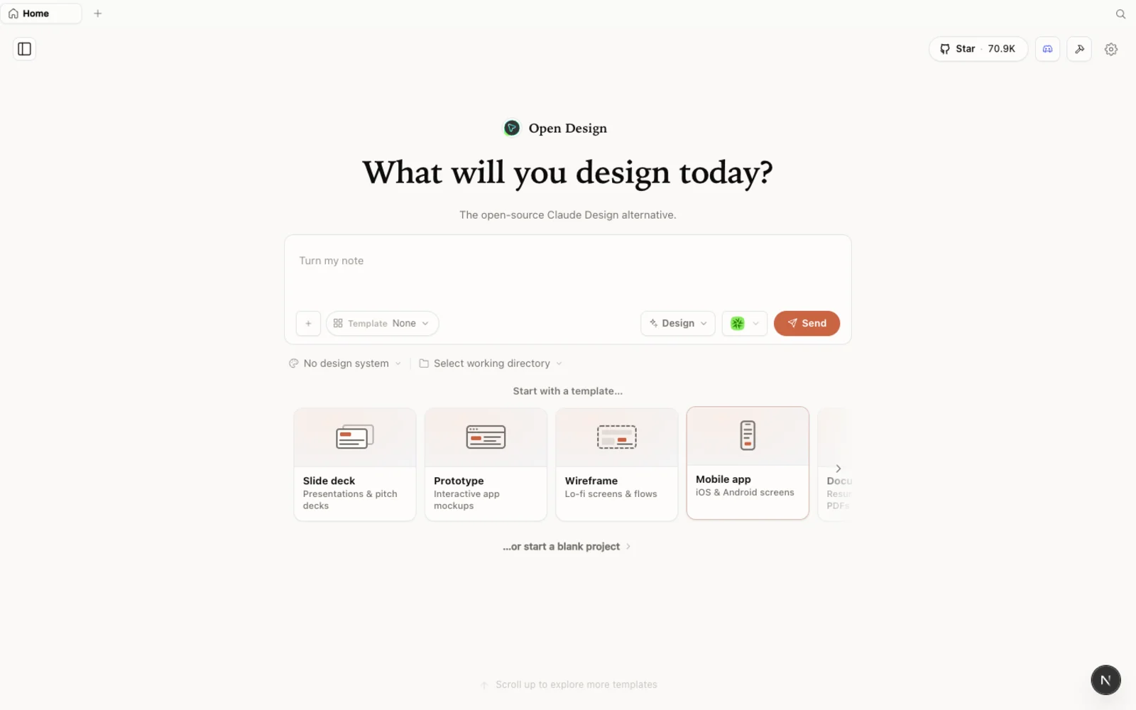 准备好生成内容的 OpenDesign 工作区。